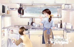 Rule 34 | alcohol, apron, beer, bottle, brown eyes, brown hair, can, frying pan, iuro, kitchen, ladle, long hair, microwave, ponytail, pot, refrigerator, short hair, sink, sleeves rolled up, snow, snowing, translated, vest