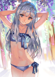 Rule 34 | 1girl, armpits, arms behind head, arms up, bikini, blue bikini, blue eyes, breasts, cleavage, collarbone, commentary request, highres, long hair, looking at viewer, navel, original, ran&#039;ou (tamago no kimi), side-tie bikini bottom, silver hair, small breasts, smile, solo, swimsuit