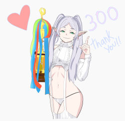 Rule 34 | 1girl, absurdres, commentary, elf, english commentary, frieren, heart, highres, meme attire, milestone celebration, mixed-language commentary, pointy ears, solo, sousou no frieren, thank you, trophy, virgin destroyer sweater, zxxk