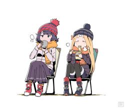 Rule 34 | 2girls, abigail williams (fate), bandaid, bandaid on face, bandaid on forehead, beanie, black footwear, black headwear, black legwear, black shorts, blonde hair, blush, boots, bow, breasts, chair, chopsticks, closed eyes, crossed bandaids, cup, drinking, eating, fate/grand order, fate (series), forehead, fumato, grey jacket, hair bow, hat, jacket, katsushika hokusai (fate), long hair, long skirt, long sleeves, mug, multiple girls, nissin cup noodle, octopus, orange bow, pantyhose, parted bangs, purple eyes, purple hair, purple skirt, red footwear, red headwear, short hair, shorts, simple background, sitting, skirt, swept bangs, tokitarou (fate), white background, white jacket, yurucamp