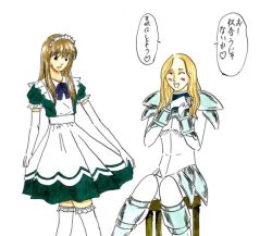 Rule 34 | 00s, 2girls, :d, ^ ^, apron, black dress, blonde hair, brown hair, clare (claymore), claymore (series), closed eyes, dress, frills, maid, maid apron, maid headdress, multiple girls, open mouth, puffy short sleeves, puffy sleeves, short sleeves, simple background, sitting, smile, standing, teresa, text focus, translation request, white background