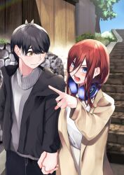 Rule 34 | 1boy, 1girl, alternate costume, antenna hair, black hair, blue eyes, blush, brown coat, brown hair, casual, closed mouth, coat, commentary, couple, cowboy shot, dating, day, enpera, eyebrows hidden by hair, go-toubun no hanayome, grey sweater, hair between eyes, hair over one eye, headphones, headphones around neck, hetero, highres, holding hands, imananashi, index finger raised, interlocked fingers, long hair, long sleeves, looking afar, looking at another, lower teeth only, nakano miku, open mouth, outdoors, pointing, pointing forward, scarf, shirt, short hair, side-by-side, smile, stairs, straight hair, sweater, teeth, turtleneck, turtleneck sweater, uesugi fuutarou, v-shaped eyebrows, white shirt, wide sleeves, yellow eyes