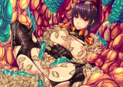 Rule 34 | 1girl, anal, bonsuke, breasts, creature inside, female focus, infested breasts, maggot, monster, nipple penetration, nipples, parasite, purple hair, pussy, red eyes, spread legs, tentacles, tentacle pit, urethral insertion, vaginal, worm