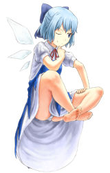 Rule 34 | 1girl, ass, bad id, bad pixiv id, bare legs, barefoot, blue eyes, blue hair, cirno, dress, embodiment of scarlet devil, feet, female focus, floating, hand on own chin, indian style, jas (littlecrime), jas (pixiv), matching hair/eyes, one eye closed, panties, pantyshot, short hair, sitting, smirk, solo, touhou, underwear, wink