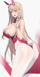 Rule 34 | 1girl, absurdres, alios arvin, animal ears, ass, bare shoulders, blonde hair, blush, bow, bowtie, breasts, cellphone, cleavage, detached collar, fake animal ears, fake tail, goddess of victory: nikke, high heels, highres, horns, large breasts, leotard, long hair, looking at viewer, open mouth, pantyhose, phone, pink eyes, pink horns, pink leotard, playboy bunny, rabbit ears, rabbit tail, smile, solo, tail, thighs, viper (nikke), viper (toxic rabbit) (nikke), white pantyhose, wrist cuffs