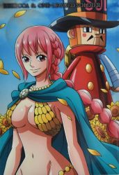 Rule 34 | 1boy, 1girl, alternate form, armor, bare legs, bikini armor, blue sky, braid, breasts, cape, character name, cleavage, curvy, flower, highres, kyros, large breasts, lips, long hair, looking at viewer, navel, official art, one piece, petals, pink hair, rebecca (one piece), scan, shiny skin, sky, standing, sunflower, toy, weapon