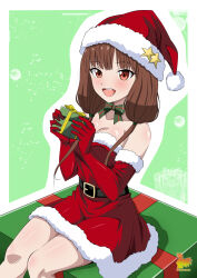 Rule 34 | 1girl, :d, absurdres, bare shoulders, bow, bowtie, breasts, brown eyes, brown hair, cleavage, collarbone, dress, elbow gloves, fur-trimmed gloves, fur trim, gift, gloves, green background, green bow, green bowtie, hat, highres, holding, holding gift, iino miko, kaguya-sama wa kokurasetai ~tensai-tachi no renai zunousen~, long hair, medium breasts, metaminegl, open mouth, red gloves, santa dress, santa hat, sitting, smile, solo, teeth, twintails, upper teeth only, white background