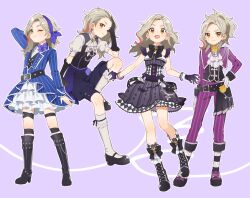 Rule 34 | :d, aikatsu!, aikatsu! (series), arm at side, arm behind head, belt, black bow, black dress, black footwear, blue bow, blue dress, blue footwear, blue hairband, blue shorts, booota, boots, bow, bow hairband, brooch, checkered clothes, checkered dress, dress, elbow on knee, facing ahead, flower, footwear bow, forehead, frilled dress, frills, gloves, hair bow, hairband, hand on own hip, hand up, high heel boots, high heels, idol, jewelry, knee up, knees, kurosawa rin (aikatsu!), legs apart, light brown hair, looking at viewer, medium hair, multicolored hair, multiple views, one eye closed, open mouth, orange eyes, pants, puffy short sleeves, puffy sleeves, purple background, purple bow, purple flower, purple footwear, purple gloves, purple pants, purple rose, purple shirt, rose, shirt, shoes, short dress, short sleeves, shorts, sitting, sleeveless, sleeveless dress, smile, socks, standing, streaked hair, striped clothes, striped dress, striped pants, striped shirt, thigh strap, v-shaped eyebrows, vertical-striped clothes, vertical-striped dress, vertical-striped pants, vertical-striped shirt, white shirt, white socks, yellow flower, yellow rose