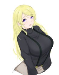 Rule 34 | 1girl, absurdres, alternate hairstyle, artist name, artist request, ayase eli, black sweater, blonde hair, blue eyes, blush, breasts, brown pants, female focus, hair between eyes, highres, large breasts, light brown pants, long hair, long sleeves, looking at viewer, love live!, love live! school idol festival, love live! school idol project, pants, parted lips, ribbed sweater, smile, solo, suspenders, sweater, turtleneck, turtleneck sweater, white background