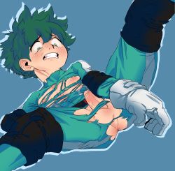 Rule 34 | 10s, 1boy, anus, ass, ass freckles, body freckles, boku no hero academia, clenched teeth, constricted pupils, erection, freckles, freckles on ass, body freckles, gloves, green eyes, green hair, highres, lying, male focus, matching hair/eyes, midoriya izuku, nipples, penis, simple background, solo, teeth, testicles, torn clothes, uncensored, undressing