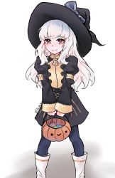 Rule 34 | 1girl, absurdres, bucket, candy, fire emblem, fire emblem: three houses, food, garreg mach monastery uniform, halloween, halloween bucket, halloween costume, hat, hat ribbon, highres, holding, holding bucket, leggings, long hair, lysithea von ordelia, nintendo, paiiart, red eyes, ribbon, sidelocks, smile, solo, white footwear, white hair, witch, witch hat
