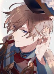 1boy, band uniform, blue eyes, blurry, brown hair, cape, closed mouth, commentary request, depth of field, earrings, eyebrows visible through hair, face, half-closed eyes, hand on ear, hand up, hat, highres, jewelry, light particles, light smile, long sleeves, looking away, looking to the side, mahoutsukai no yakusoku, male focus, mandarin collar, rustica (mahoutsukai no yakusoku), shako cap, short hair, shoulder strap, shuukenyuu, sideways glance, solo, white cape