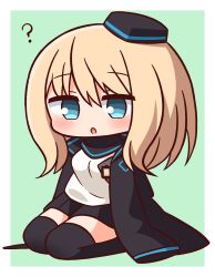 Rule 34 | 1girl, :o, ?, arknights, black hat, black jacket, black skirt, black thighhighs, blonde hair, blue eyes, blush, breasts, chibi, commentary request, durin (arknights), full body, garrison cap, garrod ran, green background, hair between eyes, hana kazari, hat, highres, jacket, long hair, long sleeves, looking at viewer, open clothes, open jacket, parted lips, pleated skirt, seiza, shadow, shirt, sitting, skirt, sleeves past fingers, sleeves past wrists, small breasts, solo, thighhighs, two-tone background, white background, white shirt
