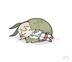 Rule 34 | 10s, 1girl, :3, bad id, bad pixiv id, blonde hair, blush stickers, chibi, elbow gloves, gloves, hair ribbon, kantai collection, leaf, long hair, ribbon, shimakaze (kancolle), solo, striped clothes, striped thighhighs, thighhighs, wrapped up, yuasan