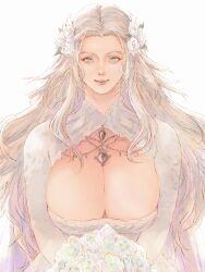 Rule 34 | 1girl, blue eyes, bouquet, breasts, cleavage, cleavage cutout, clothing cutout, commentary, dress, final fantasy, final fantasy xiv, flower, gusty10rk, hair flower, hair ornament, highres, holding, holding bouquet, huge breasts, long hair, looking at viewer, solo, upper body, venat (ff14), wedding dress, white hair