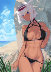 Rule 34 | 1girl, abs, absurdres, animal ears, bare shoulders, beach, bikini, black bikini, blue eyes, blue sky, body markings, breasts, caenis (fate), caenis (swimsuit rider) (fate), caenis (swimsuit rider) (first ascension) (fate), cleavage, collarbone, fate/grand order, fate (series), goggles, hairband, highres, large breasts, long hair, looking at viewer, navel, parted lips, sky, solo, swimsuit, thighs, toned, very long hair, white hair, xiver