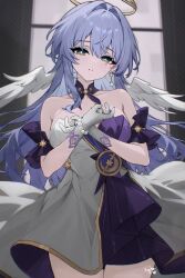 Rule 34 | 1girl, bare shoulders, blue hair, bracelet, breasts, bright pupils, commentary, cowboy shot, crossed wrists, detached collar, detached sleeves, dress, earrings, english commentary, facial mark, feathered wings, gloves, green eyes, hair between eyes, halo, head wings, highres, honkai: star rail, honkai (series), jewelry, long hair, looking at viewer, mark under eye, medium breasts, parted lips, pearl bracelet, purple dress, rafi, robin (honkai: star rail), short dress, signature, solo, strapless, strapless dress, two-tone dress, white dress, white gloves, white pupils, white wings, window, wings