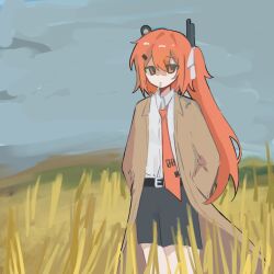 1girl 404tt_(fen_qi16164) a.i._voice adachi_rei belt brown_coat cloud cloudy_sky coat collared_shirt day double-parted_bangs field flat_chest food hair_between_eyes hair_ribbon headlamp landscape long_sleeves mouth_hold necktie orange_eyes orange_hair orange_necktie outdoors pocket ponytail popsicle radio_antenna ribbon shirt shorts side_ponytail sky sleeves_past_elbows solo standing utau white_ribbon wing_collar