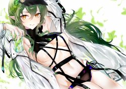 Rule 34 | 1girl, :d, absurdres, arknights, armpits, arms up, belt, black hat, breasts, coat, cup, drinking glass, dutch angle, fingernails, gavial (arknights), green hair, green nails, hair between eyes, hair ornament, hat, highres, holding, holding cup, leaf hair ornament, lims (neko2lims), long fingernails, long hair, long sleeves, looking at viewer, medium breasts, nail polish, navel, official alternate costume, open clothes, open coat, open mouth, orange eyes, pointy ears, revealing clothes, smile, solo, stomach, underboob, very long hair, visor cap, white coat