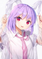 Rule 34 | 1girl, alternate hair length, alternate hairstyle, animal ears, arms up, commentary request, crescent, crescent pin, dated, gunjou row, hand on own ear, head tilt, highres, holding ears, jacket, looking at viewer, loose necktie, nail polish, necktie, open clothes, open jacket, parted lips, pink necktie, purple hair, rabbit ears, red eyes, red nails, reisen udongein inaba, see-through, see-through jacket, shirt, short hair, short sleeves, simple background, smile, solo, standing, touhou, transparent necktie, upper body, white background, white shirt