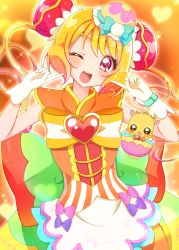 Rule 34 | 1girl, ;d, absurdres, blonde hair, cure yum-yum, delicious party precure, gloves, hair bun, hanamichi ran, heart, heart background, highres, index finger raised, long hair, looking at viewer, magical girl, mem-mem (precure), one eye closed, open mouth, orange background, precure, red eyes, single hair bun, smile, sugimura mickey, white gloves