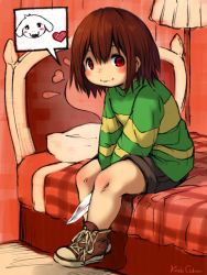 Rule 34 | androgynous, asriel dreemurr, bad id, bad pixiv id, bed, blush, brown hair, chara (undertale), fangs, gender request, heart, highres, knife, koishi chikasa, lamp, red eyes, sitting, smile, undertale