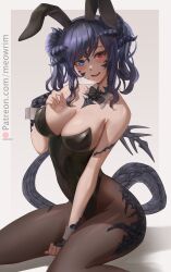 Rule 34 | 1girl, absurdres, animal ears, au ra, between legs, black leotard, black pantyhose, blue eyes, breasts, cleavage, collarbone, covered navel, detached collar, dragon tail, final fantasy, final fantasy xiv, hand on own chest, heterochromia, highres, horns, large breasts, leotard, looking at viewer, medium hair, meowrim, open mouth, original, pantyhose, playboy bunny, purple hair, rabbit ears, red eyes, scales, solo, strapless, strapless leotard, tail, twintails, warrior of light (ff14), white background, wrist cuffs
