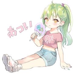 Rule 34 | 1girl, ahoge, blush, breasts, chibi, chibi only, commentary request, crop top, denim, denim shorts, green hair, hair between eyes, hand fan, hand rest, hot, midriff, momoko (momopoco), original, parted lips, pink shirt, ponytail, shirt, shoes, short shorts, shorts, simple background, sitting, small breasts, solo, sweatdrop, translation request, wariza, white background, white footwear, yellow eyes