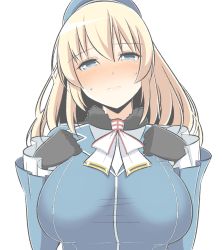 Rule 34 | 10s, 1girl, alternate eye color, atago (kancolle), bad id, bad nicoseiga id, beret, black gloves, blonde hair, blue eyes, blush, breasts, commentary request, gloves, hair between eyes, half-closed eyes, hat, kantai collection, large breasts, long hair, long sleeves, looking at viewer, masupa kiriu, military, military uniform, simple background, solo, uniform, white background