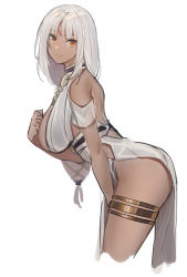 Rule 34 | 1girl, azur lane, bare shoulders, breasts, center opening, commentary request, dark-skinned female, dark skin, dress, echj, facial mark, forehead mark, from side, halter dress, halterneck, hand on own chest, highres, large breasts, leaning forward, long hair, looking at viewer, low-tied long hair, massachusetts (azur lane), massachusetts (dressed to impress) (azur lane), native american, side slit, sideboob, simple background, sleeveless, sleeveless dress, thighlet, thighs, white background, white dress, white hair, yellow eyes