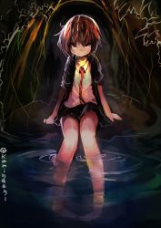 Rule 34 | 1girl, absurdres, bare legs, brown hair, character request, copyright request, female focus, highres, kaamin (mariarose753), looking at viewer, necktie, outdoors, partially submerged, short hair, sitting, skirt, smile, solo, twitter username, water