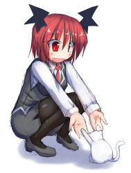 Rule 34 | 1girl, :d, animal ears, black pantyhose, blouse, cat ears, dress, head wings, ichidai taisa, koakuma, looking at another, necktie, open mouth, pantyhose, pencil skirt, pinafore dress, reaching, red eyes, red hair, red necktie, shirt, short hair, sketch, skirt, sleeveless, sleeveless dress, slit pupils, smile, solo, touhou, vest, white shirt, wings
