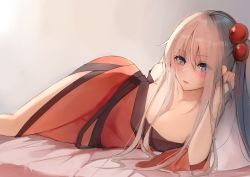 Rule 34 | 1girl, arm up, bed sheet, black bow, black bowtie, blue eyes, blush, bow, bowtie, breasts, cape, cleavage, closed mouth, collarbone, commentary request, dress, hair bobbles, hair ornament, highres, kuroko tori, lips, long hair, lying, medium breasts, on bed, on side, red cape, red dress, shinki (touhou), side ponytail, side slit, smile, solo, touhou, touhou (pc-98), upper body, white hair, wide sleeves
