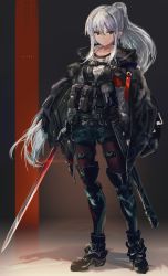 Rule 34 | 1girl, black footwear, black pantyhose, brown thighhighs, bulletproof vest, closed mouth, contrapposto, glint, grey hair, hair between eyes, highres, holding, holding sword, holding weapon, inabi, long hair, long sleeves, original, pantyhose, ponytail, red eyes, scabbard, sheath, shoes, short shorts, shorts, solo, standing, sword, thighhighs, unsheathed, weapon