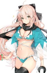 Rule 34 | &gt;:), 1girl, adapted costume, ahoge, bikini, bikini under clothes, black bow, black scarf, black thighhighs, blue bikini, blush, bow, breasts, brown eyes, cleavage, closed mouth, fate/grand order, fate (series), food, hair between eyes, hair bow, highres, holding, holding food, holding sword, holding weapon, koha-ace, large breasts, long hair, long sleeves, looking at viewer, navel, okita souji (fate), okita souji (koha-ace), pink hair, popsicle, scarf, see-through, see-through sleeves, shinai, silver (chenwen), simple background, smile, solo, sparkle, swimsuit, sword, thighhighs, v-shaped eyebrows, very long hair, watermelon bar, weapon, white background, wide sleeves