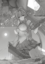 Rule 34 | 1girl, 6+boys, absurdres, anchor, black panties, breasts, cameltoe, collar, commission, destroyer, destruction, giant, giantess, hair intakes, hair petal, headgear, heavy cruiser, helmet, highres, hip vent, kantai collection, large breasts, lifeboat, long hair, metal collar, military, military vehicle, monochrome, multiple boys, multiple views, night, oar, ocean liner, panties, passenger ship, pleated skirt, ponytail, rms queen mary, searchlight, seo tatsuya, ship, skeb commission, skirt, smile, smug, solo focus, straddling, suggestive fluid, underwear, very long hair, warship, watercraft, waves, yamato (kancolle)