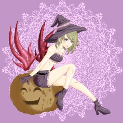 Rule 34 | 1girl, bare shoulders, blue eyes, breath of fire, breath of fire v, closed mouth, earrings, full body, gloves, halloween, hat, jack-o&#039;-lantern, jewelry, looking at viewer, medium hair, nina (breath of fire v), purple gloves, red wings, satori ill, shorts, smile, solo, wings, witch hat