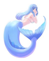 Rule 34 | 1girl, absurdres, ass, bikini, bikini top only, blue eyes, blue hair, bubble, commentary request, from behind, full body, highres, kiria021, long hair, looking at viewer, looking back, mermaid, monster girl, original, simple background, swimsuit, translation request, transparent background, white bikini