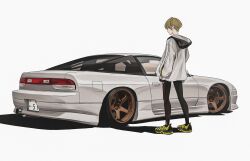 Rule 34 | 1boy, absurdres, bokuya, car, highres, jacket, light brown hair, looking at viewer, male focus, motor vehicle, nissan, nissan 180sx, original, shadow, shoes, short hair, simple background, sneakers, solo, sports car, stance (vehicle), standing, vehicle focus, white background, white jacket