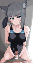 Rule 34 | 1boy, 1girl, absurdres, against wall, animal ear fluff, arms behind back, bar censor, black one-piece swimsuit, blue archive, blue eyes, breasts, censored, clothed female nude male, collarbone, commentary, competition swimsuit, covered navel, donutman, grey hair, hair ornament, highres, huge penis, imminent penetration, legs apart, looking at viewer, medium breasts, nude, one-piece swimsuit, out of frame, penis, penis on stomach, pov, shiroko (blue archive), shiroko (swimsuit) (blue archive), side ponytail, standing, swimsuit