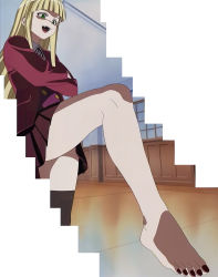 Rule 34 | 00s, 1girl, barefoot, blonde hair, evangeline a.k. mcdowell, fangs, feet, green eyes, highres, mahou sensei negima!, screencap, solo, stitched, thighhighs, third-party edit, toenails, toes, vampire