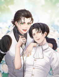 Rule 34 | 2boys, arm strap, ascot, bdsm, black hair, black shirt, blurry, blurry background, brown hair, collar, collared shirt, ear piercing, earrings, eren yeager, fh moya, green eyes, grey eyes, hair bun, highres, jewelry, leash, levi (shingeki no kyojin), looking at viewer, messy hair, multiple boys, multiple piercings, ornate ring, parted lips, piercing, ring, shingeki no kyojin, shirt, short hair, single hair bun, sleeves rolled up, teeth, tongue, tongue out, tongue piercing, upper body, upper teeth only, very short hair, vest, waistcoat, wedding ring, white ascot, white shirt, white vest, yaoi