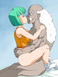 Rule 34 | 1boy, 1girl, amedama akihito, armpits, bed, blue eyes, blush, bottomless, breasts, bulma, clothed female nude male, dr. gero (dragon ball), dragon ball, dragonball z, eye contact, facial hair, green hair, jacket, kiss, large breasts, legs, looking at another, medium hair, mustache, no panties, nude, old, old man, old school academy, on bed, sex, simple background, sitting, sleeveless, socks, straddling, thighs, upright straddle, vaginal