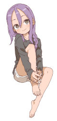 Rule 34 | 1girl, absurdres, barefoot, black shirt, blush, braid, closed mouth, collarbone, commentary request, dot nose, female focus, fingernails, full body, grey eyes, hair over shoulder, highres, interlocked fingers, knee up, long hair, long sleeves, looking at viewer, own hands together, purple hair, shirt, short shorts, shorts, simple background, sleeves past wrists, smile, solo, soredemo ayumu wa yosetekuru, toenails, toes, white background, white shorts, yamamoto souichirou, yaotome urushi