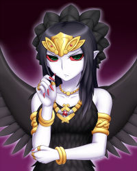 Rule 34 | 1girl, armlet, bare shoulders, black dress, black hair, black wings, bracelet, collarbone, colored sclera, colored skin, dress, duel monster, elbow rest, emblem, fabled grimro, female focus, fingernails, frown, gradient background, green eyes, hair ornament, jewelry, long fingernails, long hair, looking at viewer, monster girl, multicolored eyes, nail polish, necklace, pale skin, pataneet, pointy ears, purple background, red nails, red sclera, ring, solo, tiara, updo, upper body, white skin, wings, yu-gi-oh!, yu-gi-oh! duel monsters