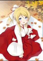 Rule 34 | 1girl, artist request, ayase eli, blonde hair, blue eyes, blush, breasts, chm (macharge), female focus, hair between eyes, hair over shoulder, hakama, hakama skirt, highres, japanese clothes, kimono, long hair, long sleeves, looking at viewer, love live!, love live! school idol festival, love live! school idol project, medium breasts, parted lips, ponytail, red hakama, red ribbon, ribbon, skirt, smile, solo, white kimono