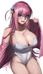 Rule 34 | 1girl, absurdres, blue eyes, blush, bocchi the rock!, breasts, cleavage, commentary, covered navel, cozyu, cube hair ornament, gotoh hitori, groin, hair between eyes, hair ornament, hand up, highleg, highleg swimsuit, highres, jacket, large breasts, long hair, looking at viewer, one-piece swimsuit, open clothes, open jacket, open mouth, pink hair, pink jacket, raised eyebrows, simple background, skindentation, solo, sweat, swimsuit, thighs, very long hair, wavy mouth, white background, white one-piece swimsuit, zipper