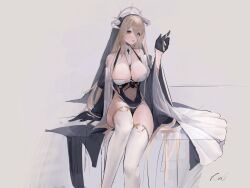 Rule 34 | 1girl, azur lane, bare shoulders, black gloves, blonde hair, breast cutout, breasts, cleavage, covered navel, fake horns, feet out of frame, gloves, grey background, habit, hair between eyes, half gloves, horns, implacable (azur lane), large breasts, long bangs, long hair, long sleeves, looking at viewer, nun, orange eyes, pelvic curtain, revealing clothes, simple background, sitting, solo, thighhighs, veil, very long hair, white horns, white thighhighs, wide sleeves, zhifu3711