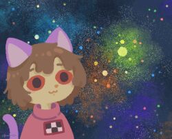 Rule 34 | 1girl, :3, animal ears, black eyes, blank stare, brown hair, cat ears, cat girl, cat tail, closed mouth, colored sclera, commentary request, galaxy background, highres, looking ahead, madotsuki, meme, niwasakino daei, pink sweater, portrait, print sweater, red sclera, short hair, signature, solo, space, space cat (meme), sweater, tail, turtleneck, turtleneck sweater, yume nikki
