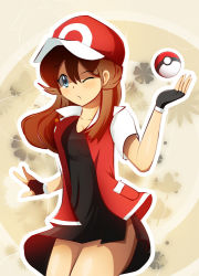 Rule 34 | 1girl, ;o, baseball cap, beige background, black dress, black gloves, blue eyes, blush, brown hair, collarbone, cosplay, cowboy shot, creatures (company), dress, fingerless gloves, game freak, gloves, green (pokemon), hat, jacket, long hair, looking at viewer, nintendo, no pants, one eye closed, open clothes, open jacket, parted lips, poke ball, pokemon, pokemon adventures, red (pokemon), red (pokemon) (cosplay), red hat, red jacket, side slit, simple background, solo, standing, tareme, thighs, throwing, vivivoovoo